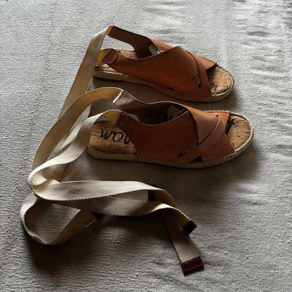 Sam Edelman Tan Leather Ankle Tie Espadrille Flat Sandals Size 8.5